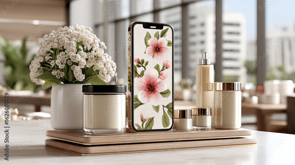 Poster foldable smartphone with floating products on magnetic platforms in modern setting
