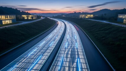 Fototapeta premium This image features a futuristic highway with glowing electric tracks and a smart grid system at dusk, symbolizing advanced transportation, clean energy, and modern infrastructure.