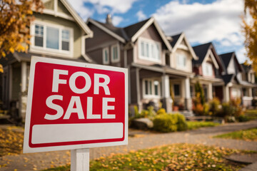 Modern home exterior with for sale sign in soft natural daylight