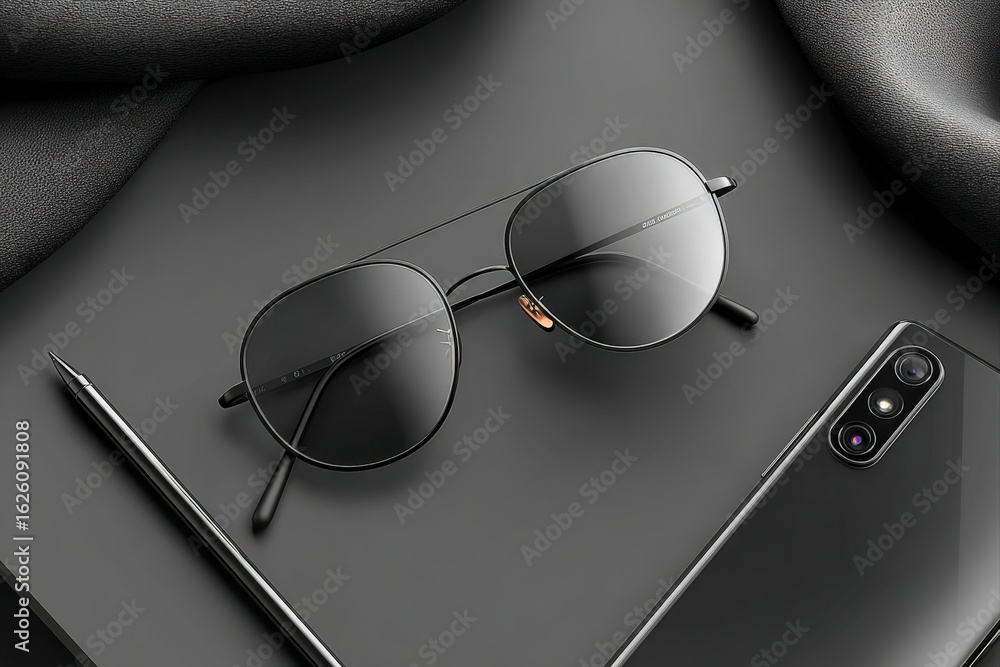 Poster modern tech gadgets flatlay on dark reflective surface with empty center space