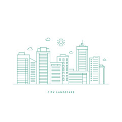 Cityscape. Modern flat line landscape vector. City landscape line art illustration with building, tower, skyscrapers. Vector illustration.