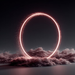 Vivid circular burst of powder textures with glowing mini planets and soft clouds