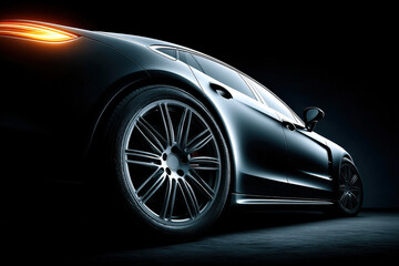 Glossy black curved surface with blank center under dramatic lighting and reflections