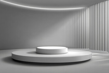 Minimalistic white pedestal illuminated by soft spotlight in neutral studio setting