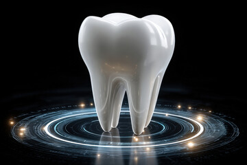3d rendered molar tooth with glass interface and blue scanning beams on dark background