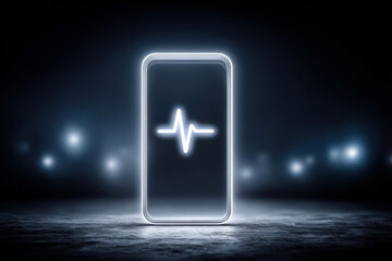 Transparent floating medical ui panel with glowing heartbeat line and minimalist icons