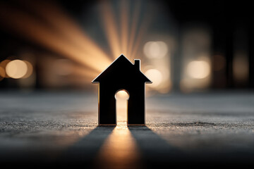 Black house-shaped key with volumetric light on dark background, 3d render