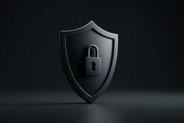 Futuristic black shield with lock icon on dark background symbolizing data protection