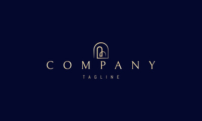 A vector golden logo featuring an abstract image an arch nested within another arch, drawn in a linear style, evoking depth, symmetry, and minimalism.