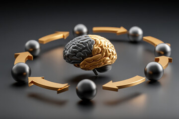 Golden brain surrounded by metallic spheres and arrows symbolizing innovation and ideas
