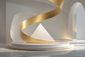 Minimalist 3d white pyramid with ascending golden arrow symbolizing growth