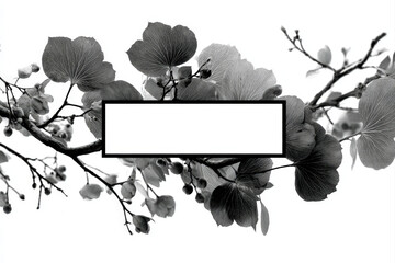Minimalist monochrome flatlay with eucalyptus twigs and blank rectangle center