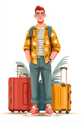 Young traveler standing with three colorful suitcases in flat minimal style illustration