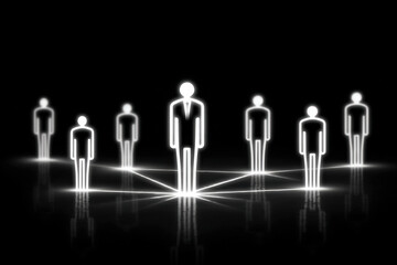 Glowing grayscale human spheres connected by neon threads in symmetrical orbit