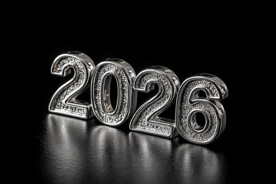 Shiny liquid metal numbers 2026 floating and morphing in a zero gravity chamber