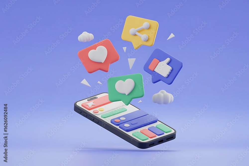 Poster smartphone displaying social media content with floating engagement icons and clouds image photo