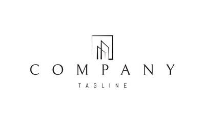 A vector logo featuring an abstract image two skyscrapers enclosed within a rectangular frame, symbolizing urban architecture and modern growth.