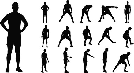 A sequence of four black silhouettes on a white background, depicting human figures in various states of prayer, grief, or distress, with one looking 