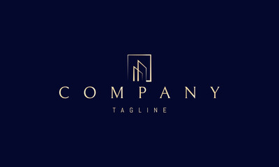 A vector golden logo featuring an abstract image two skyscrapers enclosed within a rectangular frame, symbolizing urban architecture.