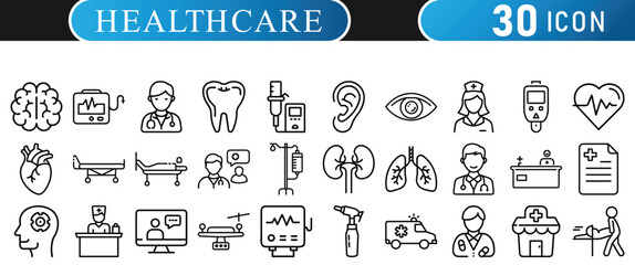 Medical and Healthcare Line Icons Set – Doctor, Hospital, Heart, Tooth, Brain, Nurse, Equipment & More