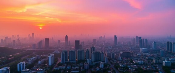 Fototapeta premium Crimson sunrise paints smog-choked Ho Chi Minh City skyline, revealing sprawling urban landscape, industrial, contrast