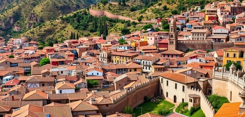 Cusco's terracotta rooftops cascade down hills, ancient stone walls interwoven, creating a vibrant cityscape,  town,  panorama