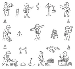 Builders, construction workers and engineers. Builders with construction equipment. Builders building houses with tools and equipment on construction site. Vector illustration