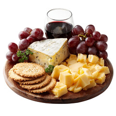 Delicious cheese board with red wine grapes and crackers perfect for entertaining guests at home party on transparent background silhouette