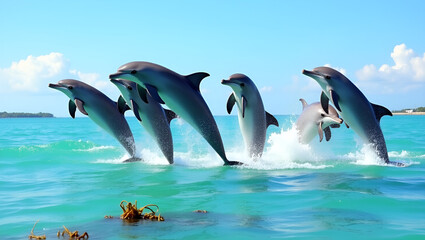 Obraz premium Multiple dolphins leaping gracefully from the sparkling sea under a clear sky