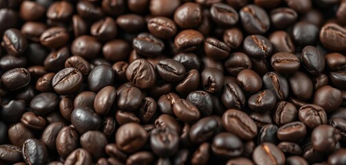 Obraz premium Dark roasted coffee beans, close-up, rich aroma, coffee shop, drink