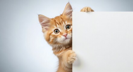 A curious cute cat with long whiskers peeking from behind a blank white sign for your message.