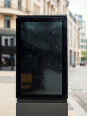 A close-up view of a damaged or broken digital advertising screen in an urban street environment. The screen appears to be off and shows visible cracks on the glass surface.