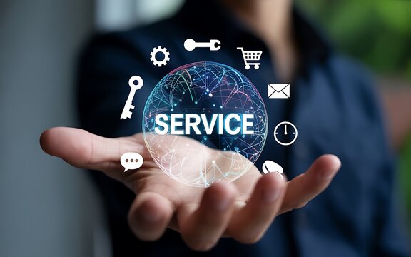 Digital service concept globe on open palm technology