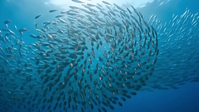 A large school of fish swimming together in a bait ball formation in the blue ocean