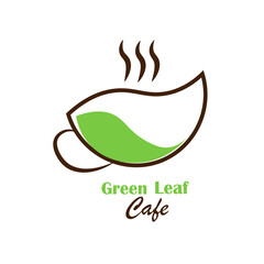 A stylized green leaf forms the shape of a steaming cup of tea or coffee representing a cafe or beverage brand in a minimalist silhouette