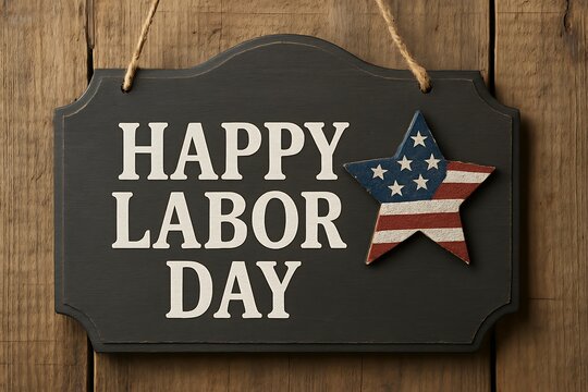Rustic wooden sign celebrates labor day with american flag star decoration - Powered by Adobe