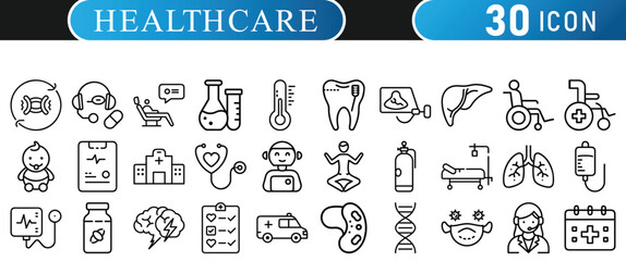 Healthcare Medical Icons Set with Editable Stroke for Hospital, Doctor, Medicine, Health Management, teeth, person, ambulance, etc