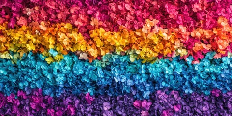 Bright flower petals create colorful stripes.  Petals form vibrant rainbow bands.  A spectrum of flower pieces arranged by color