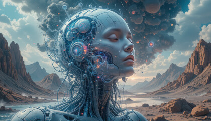 Ethereal portrait of a futuristic cyborg with intricate glowing circuits, set against a dramatic alien desert landscape with unusual clouds