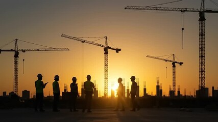 Construction Workers Sunset Meeting. - Powered by Adobe