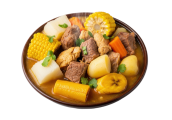 Rustic ceramic bowl of steaming Sancocho, a hearty Caribbean meat stew with beef, chicken, root vegetables, on gray. Authentic food concept.