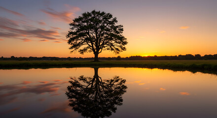 Obraz premium Solitary Tree Silhouette Reflected in Calm Water at Golden Sunset: Serene Landscape with Warm Orange Sky