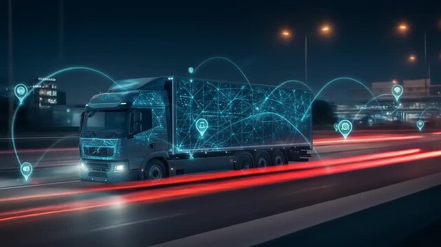Smart Truck Night Delivery Route. - Powered by Adobe