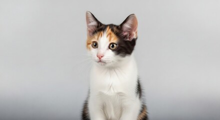 Portrait of an adorable cute cat, a tricolor calico kitten with expressive eyes and long whiskers, isolated on a grey studio background.