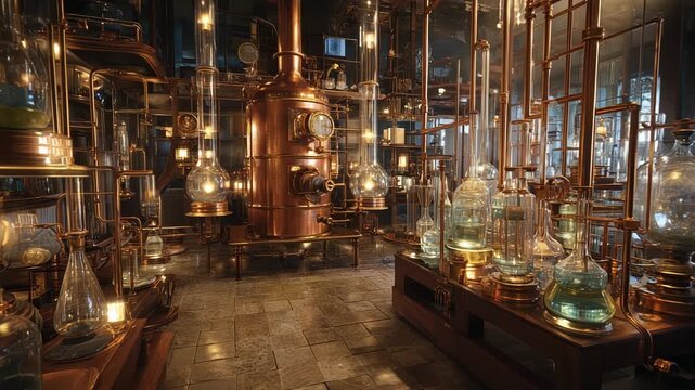 Explore an enchanting alchemy lab where glowing glass vessels and intricate copper piping come to life. This captivating space blends science and artistry, igniting the imagination with its charm.