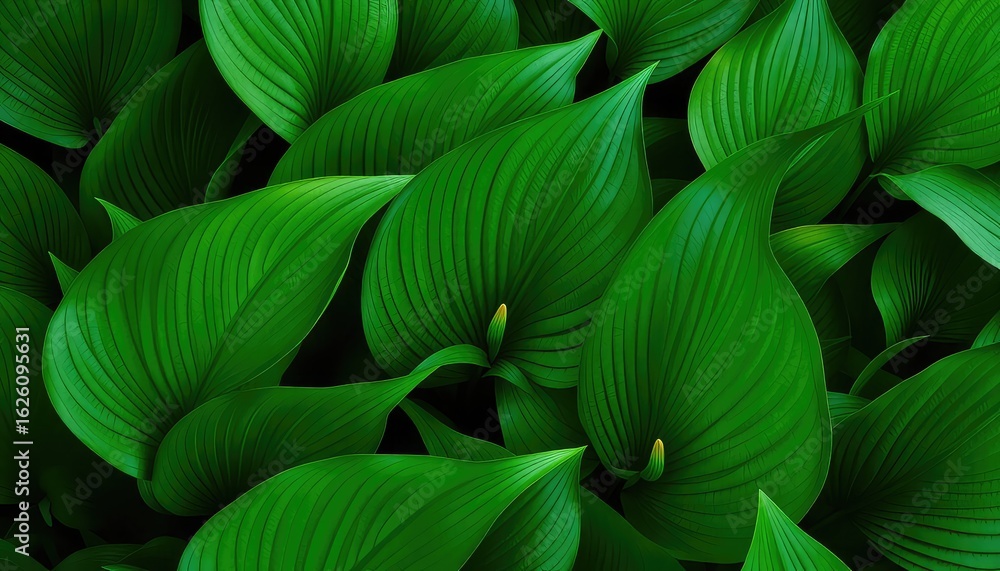 Poster vibrant green leaves displaying intricate patterns, textures and a yellow tip, creating a lush and r