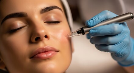 Woman receiving microneedling treatment face skin