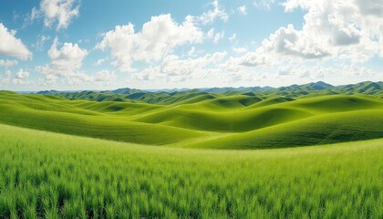 Obraz premium Vivid green grass covers rolling hills beneath a bright blue sky, dotted with fluffy white clouds in a landscape of natural beauty