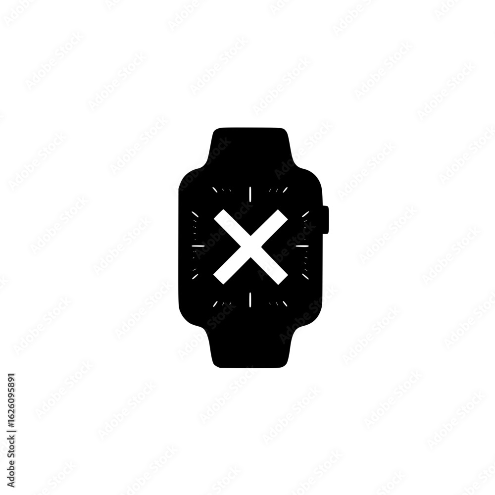 Poster smartwatch screen showing cross mark icon in flat vector style on digital alert interface