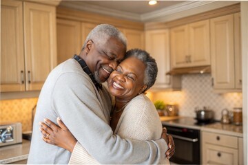 Happy African American senior couple embracing each other with love and joy in a modern kitchen